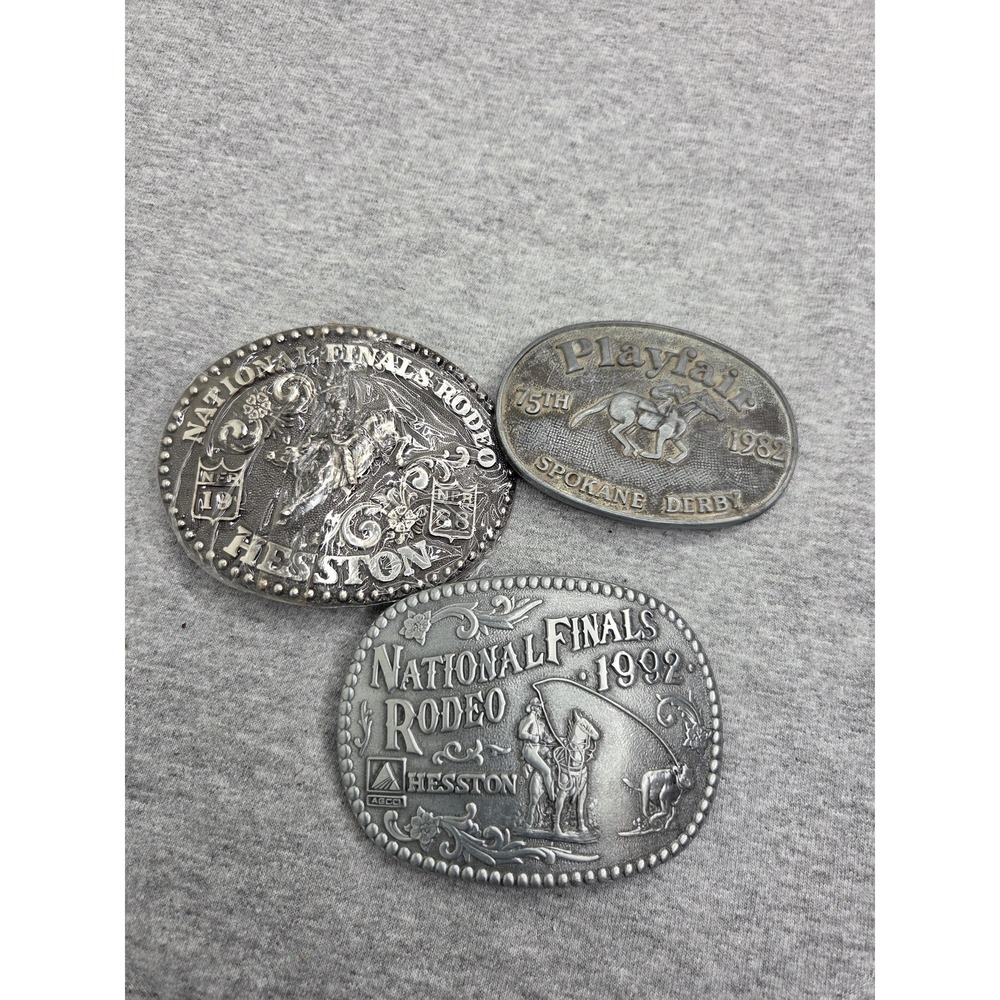 Lot of 3 Hesston National Finals Rodeo Spokane Derby Bull Riding Belt Buckles